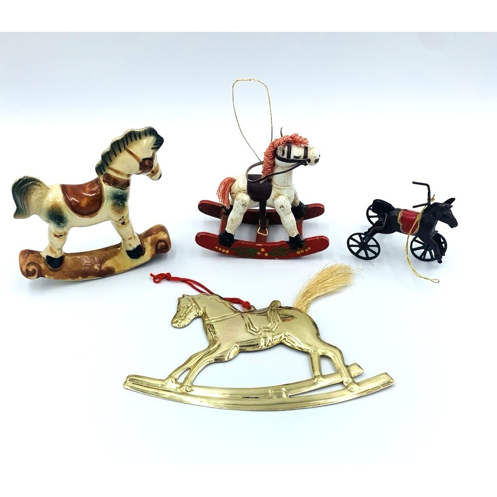 Rocking Horse Figurine Ornaments Dept 56, Brass, Ceramic, Wood, Vintage Lot of 4